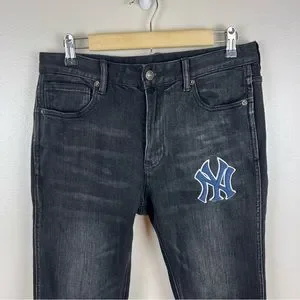 Gucci New York Yankees Patch Jeans Mens Size 30x31 Tapered Leg Stripe Cuff  Black